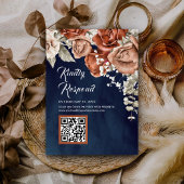 Terracotta Floral Navy Blue QR Code RSVP Weddensch Informatiekaartje