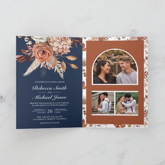 Terracotta Floral Navy Blue QR Code Wedding (Binnen)