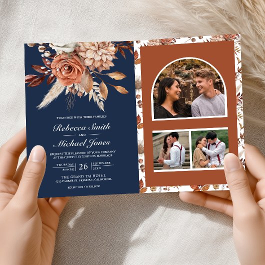 Terracotta Floral Navy Blue QR Code Wedding
