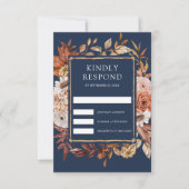 Terracotta Floral Navy Blue Wedding RSVP Kaartje (Voorkant)