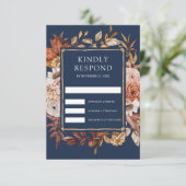 Terracotta Floral Navy Blue Wedding RSVP Kaartje (Staand voorkant)