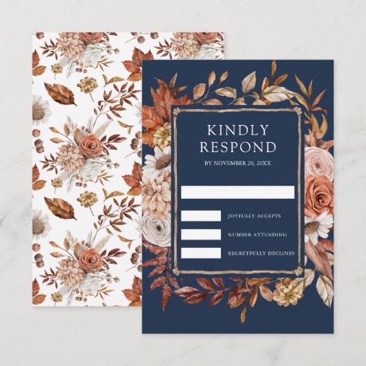 Terracotta Floral Navy Blue Wedding RSVP Kaartje (Voorkant / Achterkant)