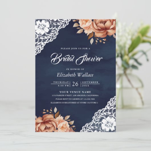 Terracotta Floral Navy Foto QR Code Vrijgezellenfe Kaart (Staand voorkant)