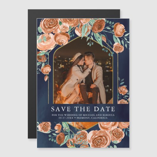 Terracotta Floral Navy Fotobruiloft Bewaar de datu Magnetische Uitnodiging (Voorkant / Achterkant)