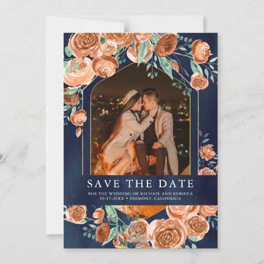 Terracotta Floral Navy Fotobruiloft Bewaar de datu Magnetische Uitnodiging (Voorkant)