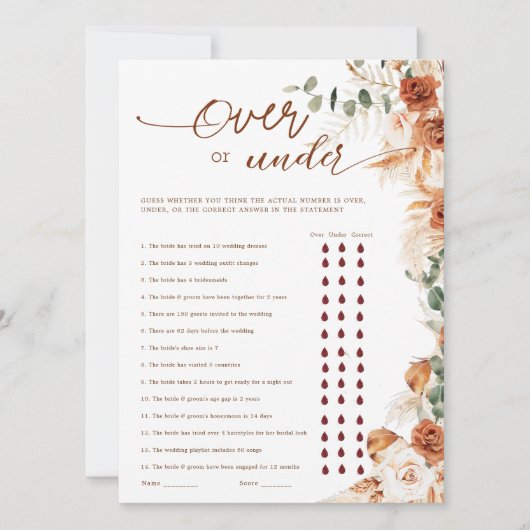 Terracotta Floral Over or Under Bridal Shower Game (Voorkant)