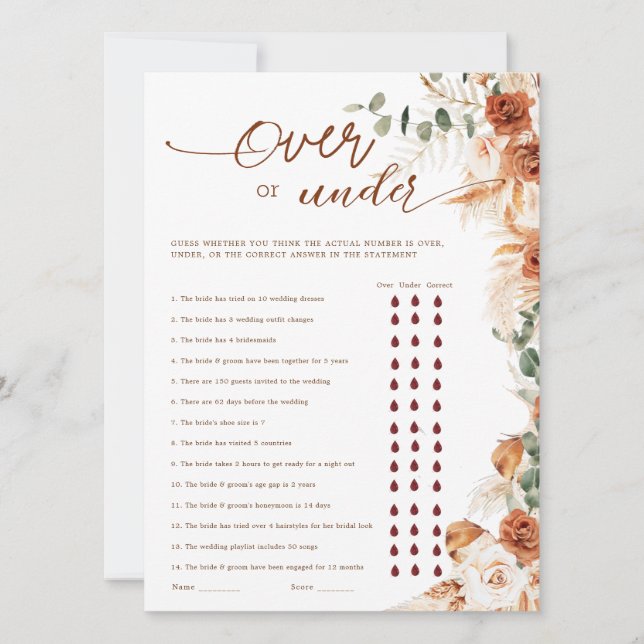 Terracotta Floral Over or Under Bridal Shower Game (Voorkant)