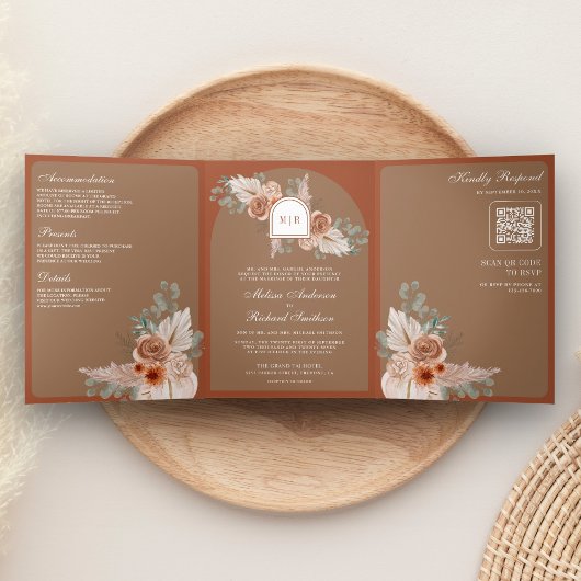 Terracotta Floral Pampas Beige Tan QR Code Wedding Drieluik Uitnodiging