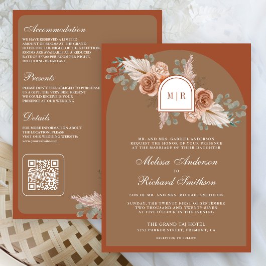 Terracotta Floral Pampas Beige Tan QR Code Wedding Kaart