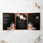 Terracotta Floral Pampas Black QR Code Wedding Drieluik Uitnodiging (Binnen)