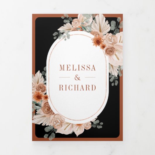 Terracotta Floral Pampas Black QR Code Wedding Drieluik Uitnodiging (Cover)