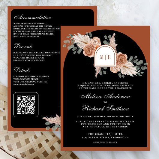 Terracotta Floral Pampas Black QR Code Wedding Kaart