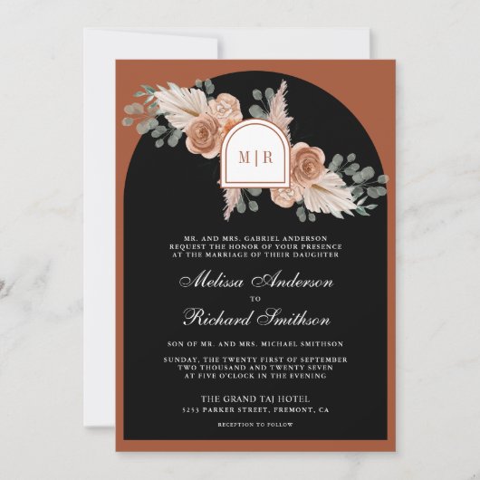 Terracotta Floral Pampas Black QR Code Wedding Kaart (Voorkant)