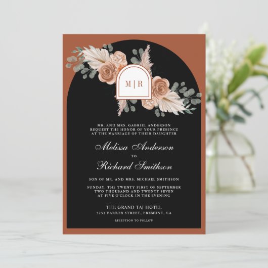 Terracotta Floral Pampas Black QR Code Wedding Kaart (Staand voorkant)