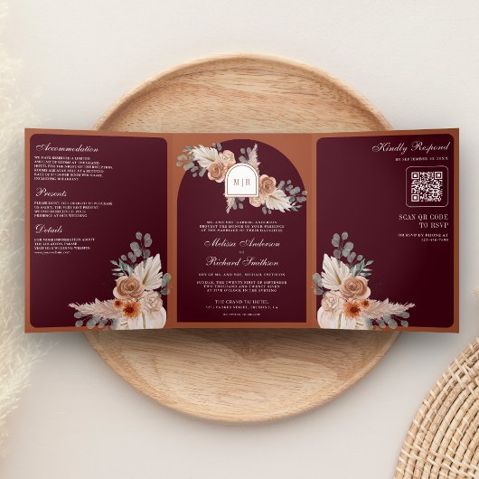 Terracotta Floral Pampas Burgundy QR Code Wedding Drieluik Uitnodiging