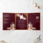 Terracotta Floral Pampas Burgundy QR Code Wedding Drieluik Uitnodiging (Binnen)