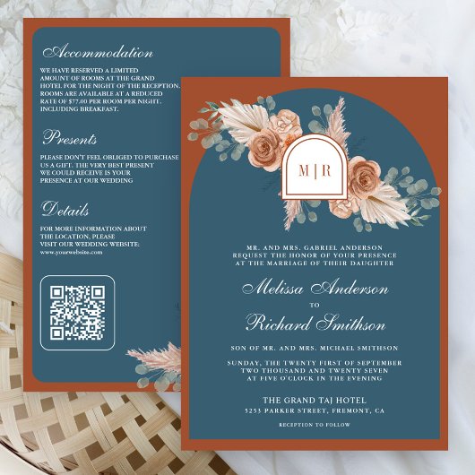 Terracotta Floral Pampas Dusty Blue Wedding Kaart