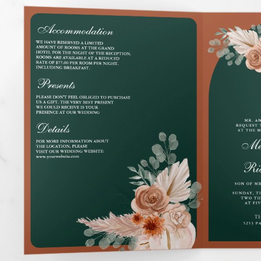 Terracotta Floral Pampas Emerald QR Code Wedding Drieluik Uitnodiging (Binnenzijde eerst)
