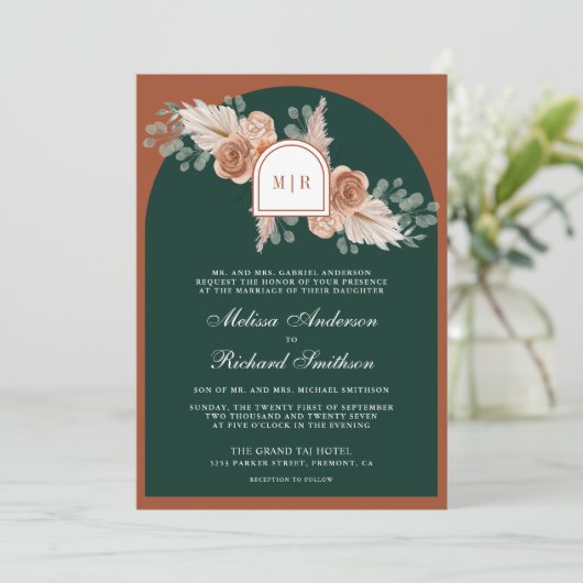 Terracotta Floral Pampas Emerald QR Code Wedding Kaart (Staand voorkant)
