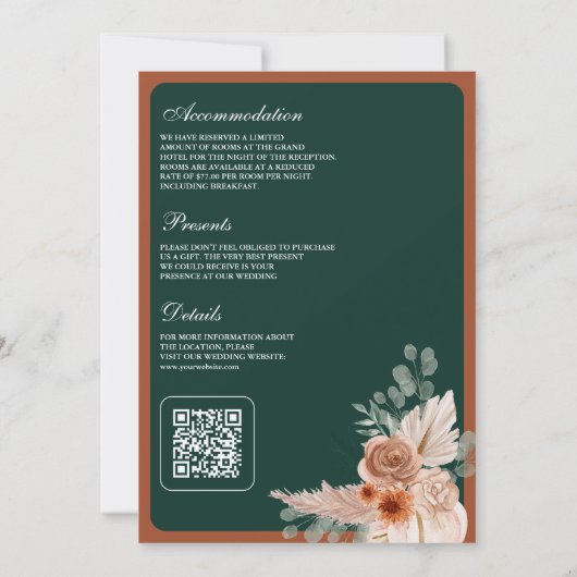 Terracotta Floral Pampas Emerald QR Code Wedding Kaart (Achterkant)