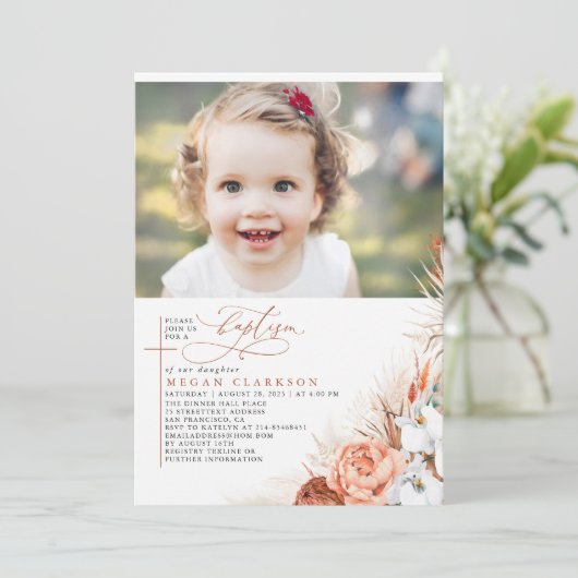 Terracotta Floral Pampas Grass Baptism Foto Kaart (Staand voorkant)