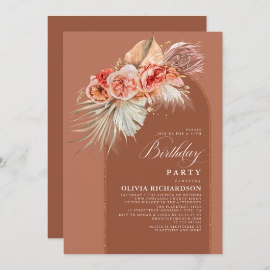 Terracotta Floral Pampas Grass Boho Birthday Party Kaart (Voorkant / Achterkant)