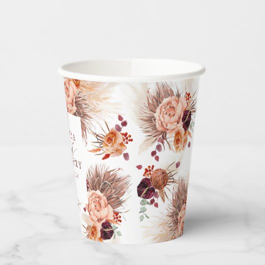 Terracotta Floral Pampas Grass Elegant Exotisch Papieren Bekers (Links)