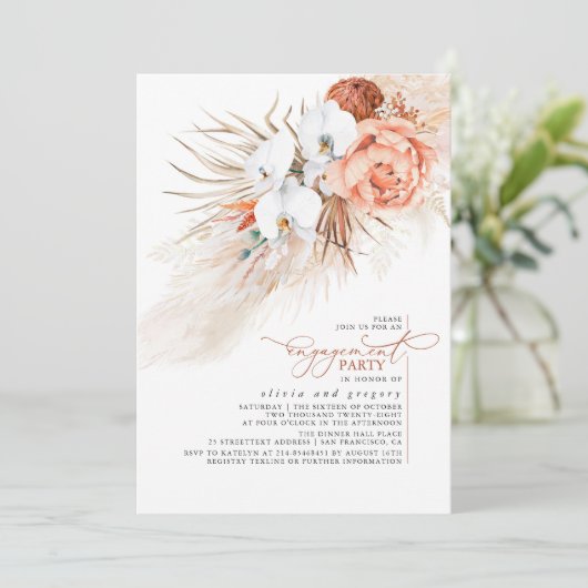 Terracotta Floral Pampas Grass Engagement Party Kaart (Staand voorkant)