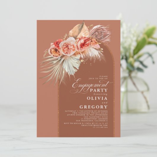 Terracotta Floral Pampas Grass Engagement Party Kaart (Staand voorkant)