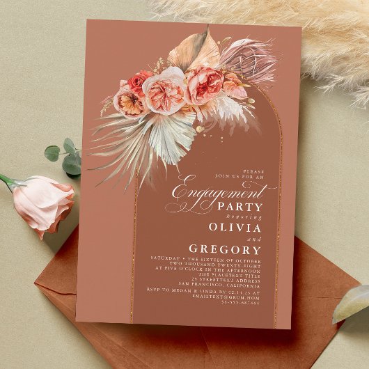 Terracotta Floral Pampas Grass Engagement Party Kaart