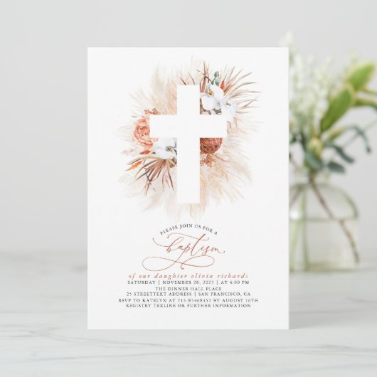 Terracotta Floral Pampas Grass Modern Baptism Invi Kaart (Staand voorkant)
