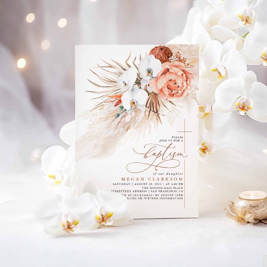 Terracotta Floral Pampas Grass Modern Baptisme Kaart