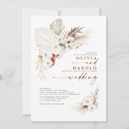 Terracotta Floral Pampas Grass Orchids Wedding Kaart (Voorkant)