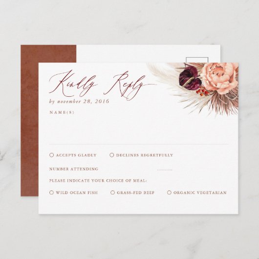 Terracotta Floral Pampas Grass RSVP Briefkaart (Voorkant / Achterkant)
