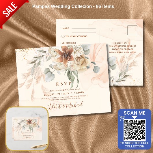Terracotta Floral Pampas Grass RSVP WEDDING Postca Briefkaart
