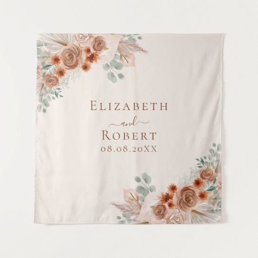 Terracotta Floral Pampas Grass Wedding Achtergrond Wandkleed (Voorkant)