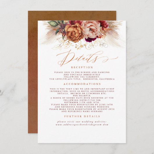 Terracotta Floral Pampas Grass Wedding Details Informatiekaartje (Voorkant / Achterkant)
