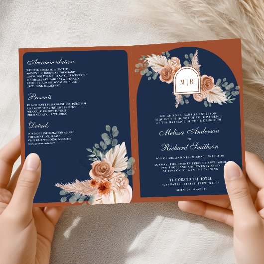 Terracotta Floral Pampas Navy Blue QR Code Wedding