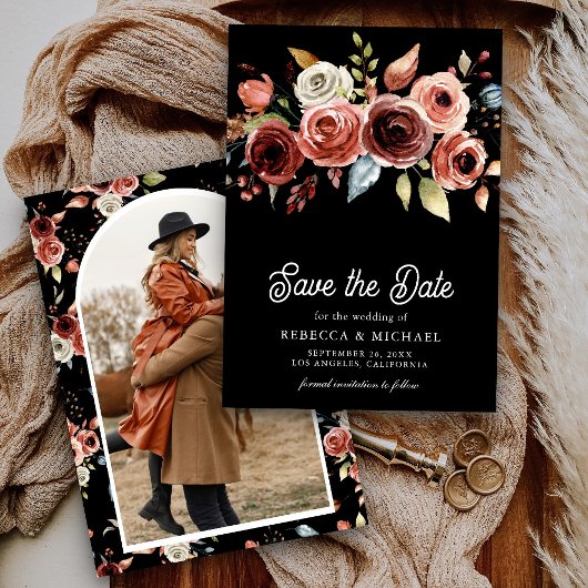 Terracotta Floral Photo Black Wedding Save The Date