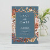 Terracotta Floral Photo Dusty Blue Wedding Save The Date (Staand voorkant)