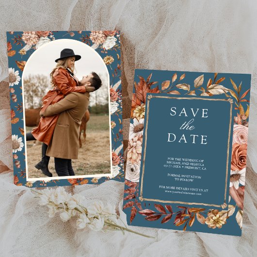 Terracotta Floral Photo Dusty Blue Wedding Save The Date