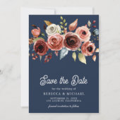 Terracotta Floral Photo Navy Blue Wedding Save The Date (Voorkant)