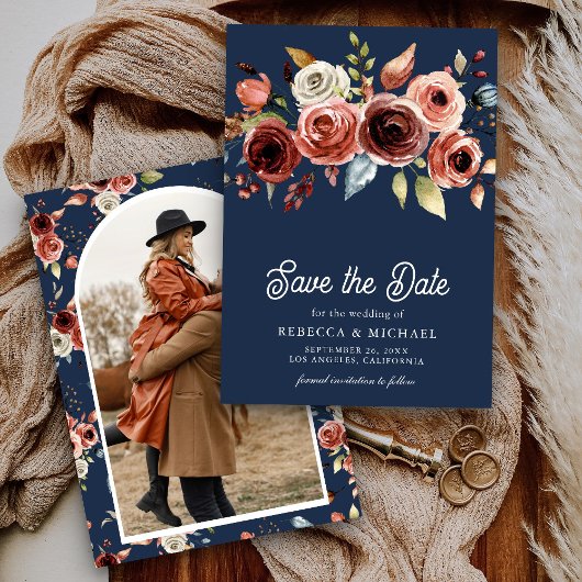 Terracotta Floral Photo Navy Blue Wedding Save The Date
