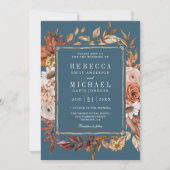Terracotta Floral Photo QR Code Dusty Blue Wedding Kaart (Voorkant)