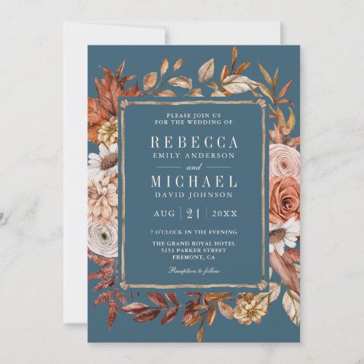 Terracotta Floral Photo QR Code Dusty Blue Wedding Kaart (Voorkant)
