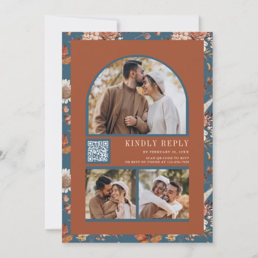 Terracotta Floral Photo QR Code Dusty Blue Wedding Kaart (Achterkant)