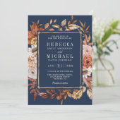 Terracotta Floral Photo QR Code Navy Blue Wedding Kaart (Staand voorkant)