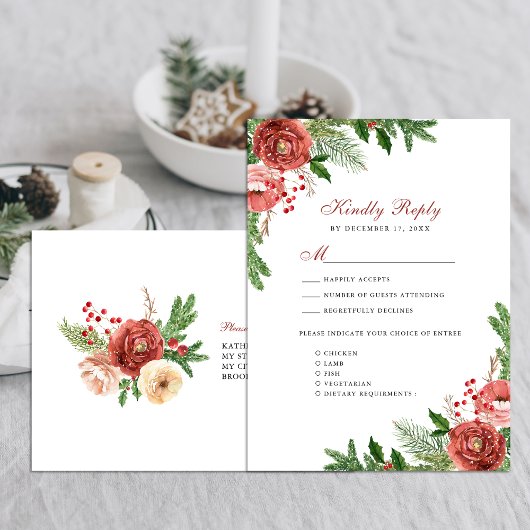 Terracotta Floral Pine Bough Foliage Wedding RSVP Uitnodiging Briefkaart