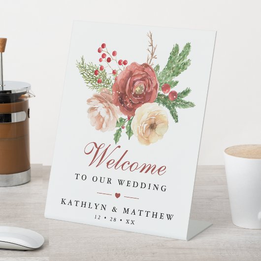 Terracotta Floral Pine Bough Wedding Welcome Reclamebord Met Voetstuk