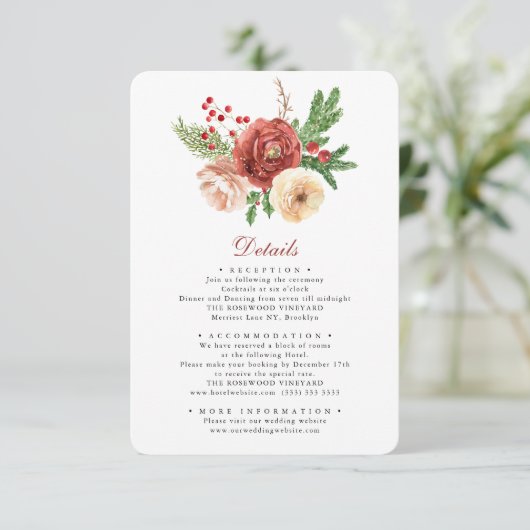 Terracotta Floral Pine Foliage Wedding Details Enc Informatiekaartje (Staand voorkant)